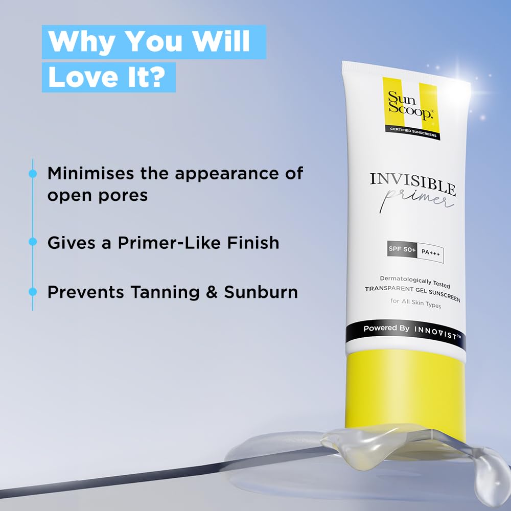 SunScoop Invisible Primer Sunscreen Gel SPF 50 PA+++ | For Dry & Oily Skin | Transparent Primer-Like Finish | Rice Extract & Vitamin E to Minimise Pores | No White Cast | For Women & Men | 45g