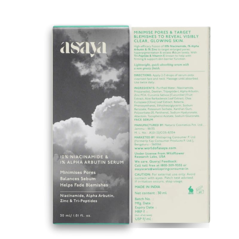 Asaya 10% Niacinamide Face Serum | With Alpha Arbutin & Zinc PCA | Fades Acne Marks, Dark Spots & Blemishes | Controls Sebum & Minimizes Pores | Brightens Skin & Evens Tone | With Tripeptide & Vitamin E for Barrier Repair | Lightweight & Non-Comedogenic |