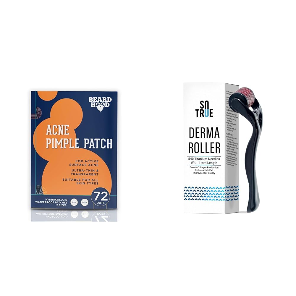 Beardhood Acne Pimple Patch | 72 Hydrocolloid Waterproof Patche and Sotrue Derma Roller For Hair Growth 1 mm with 540 Titanium Needles