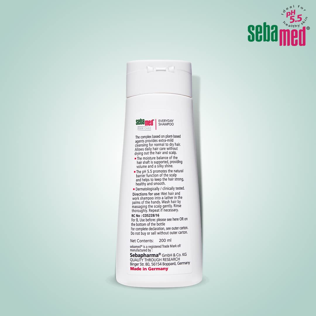 Sebamed Everyday Shampoo 200 ml|pH 5.5|Normal to dry hair| mild|Gives moisture & volume |phthalates & SLS and parabens free |men & women l shampoo for dry scalp Toxin free l Clinically proven l Toxin free