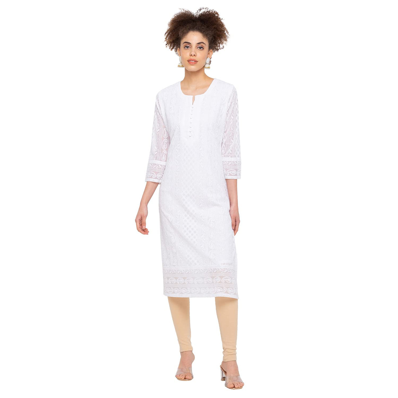 ZOLA Exclusive Georgette Round Neck with Full Sleeves and Calf Length Luckhnowi Chikan Kari Kurta with Button Placket on Yolk Ethnic Wear Straight Kurta for Women Pack of 1