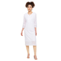 ZOLA Exclusive Georgette Round Neck with Full Sleeves and Calf Length Luckhnowi Chikan Kari Kurta with Button Placket on Yolk Ethnic Wear Straight Kurta for Women Pack of 1