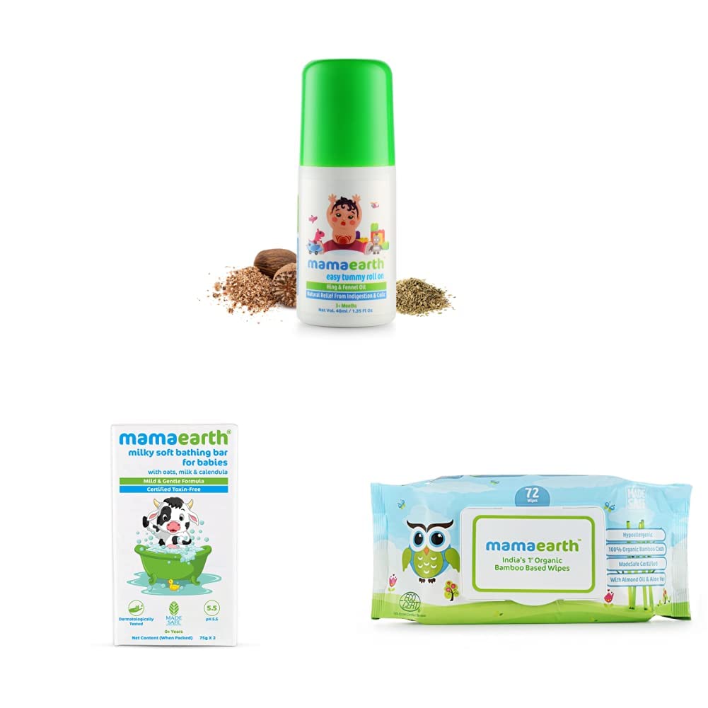 Mamaearth Easy Tummy Roll On for Colic & Gas Relief with Hing & Fennel Oil 40ml & Milky Soft Bathing Bar – 75g x 2 & India's First Organic Bamboo Based Baby Wipes (Pack of 1)