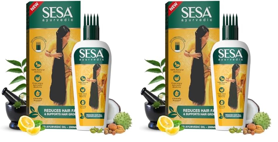 SESA Ayurvedic Hair Oil With Bhringraj & 17 Rare Herbs With Coconut Oil and 4 Nourishing Oil For Hair Growth Help Control Hair Fall with Easy Oil Applicator For Women and Men (200 ml) (Pack of 2)