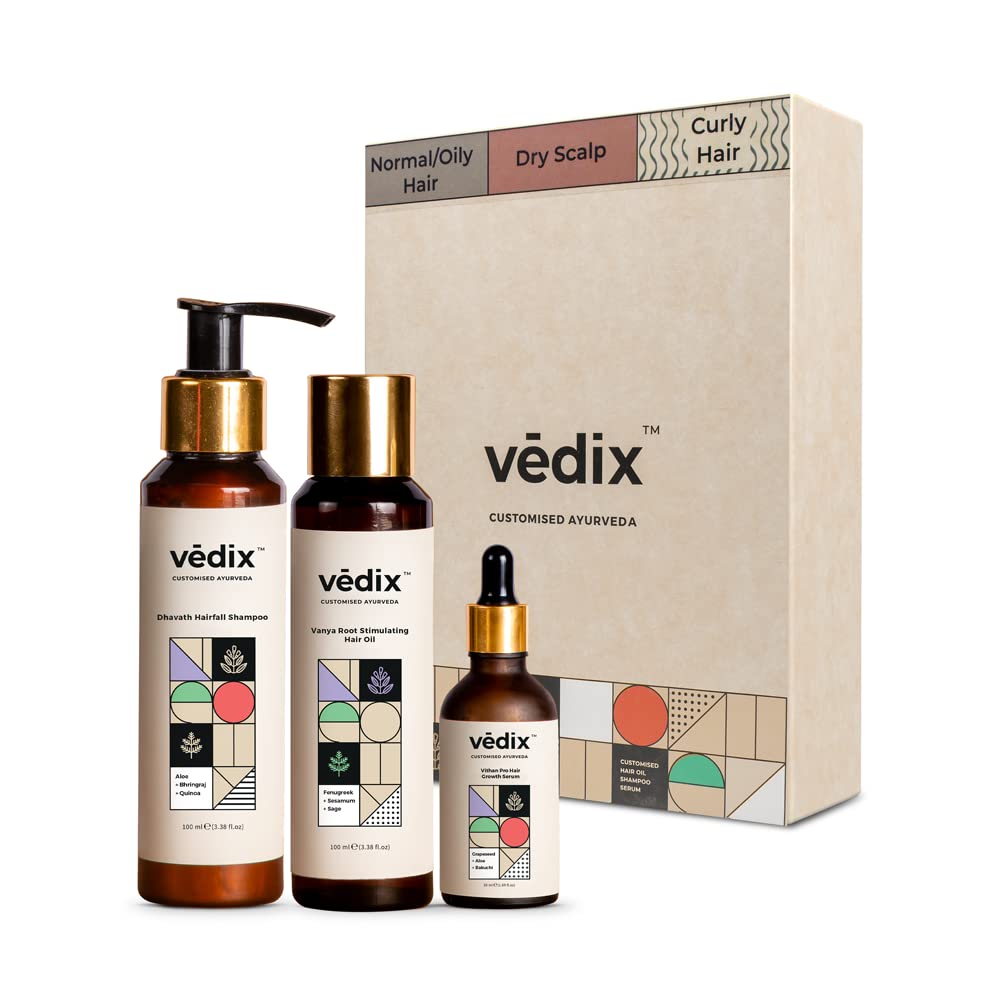 Vedix Customized Hair Fall Control For Normal/Oily Hair-Dry Scalp & Curly Hair-3 Product Kit-Anti Hair Fall Oil Fenugreek + Sesamum & Shampoo - Hair Growth Serum, Off White, 550 Grams