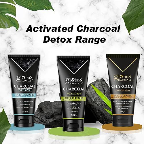 Globus Naturals Anti Pollution & Anti Acne Charcoal Face Scrub, Detox & Deep Cleanse Formula, Fights Pollution and De-Tans skin, For Men with Oily & Acne Prone Skin, 100 gms