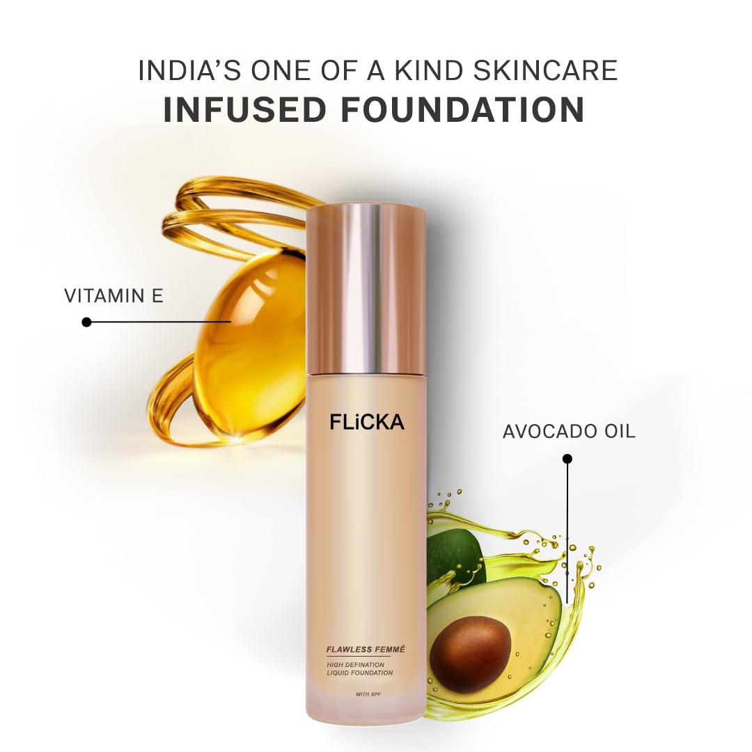 FLiCKA Flawless Femme Liquid Foundation for Face Makeup 30ml | Medium to High Coverage, Buildable | Natural, Waterproof & Moisturizing | All Skin Types | 02 Ivory