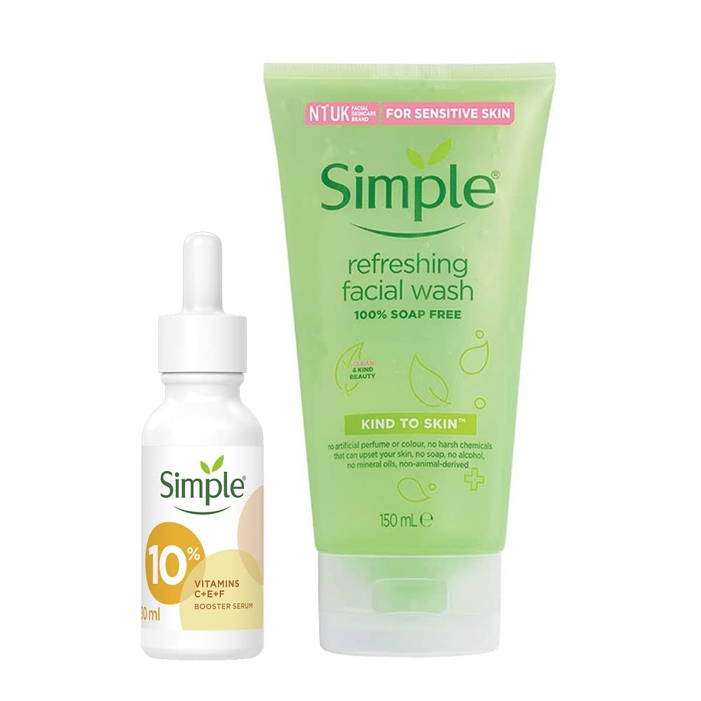 Simple Booster Serum 10% Vitamin C+E+F For Youthful Glowing Skin, 30 ml+Simple Kind To Skin Refreshing Facial Wash 150 ml