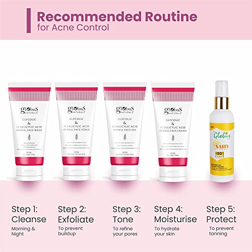Globus Naturals Glycolic & 1% Salicylic Acid Anti-Acne Face Care Combo - Set of 4 Wash, Cream, Gel & Scrub
