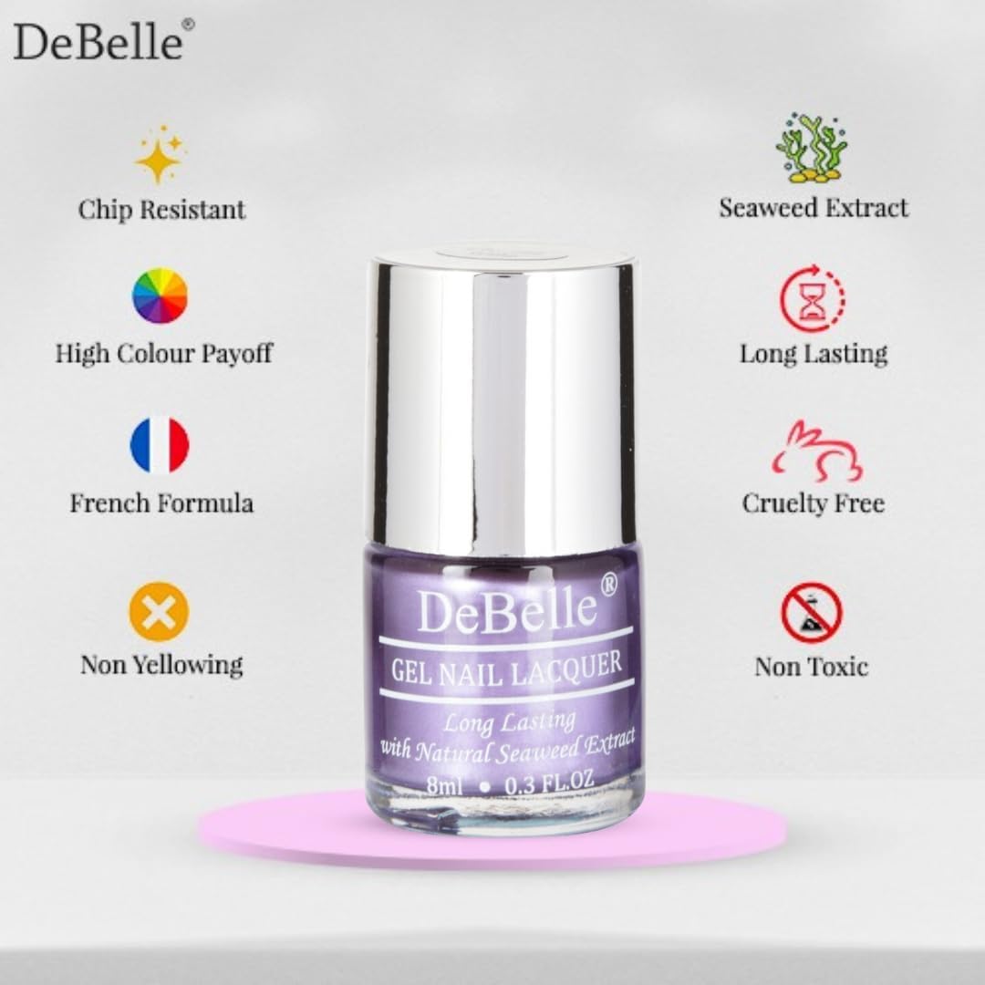 DeBelle Gel Nail Polish Chrome Wine(Metallic Violet Nail Paint)|Non UV - Gel Finish |Chip Resistant | Seaweed Enriched Formula| Long Lasting|Cruelty and Toxic Free| 8ml