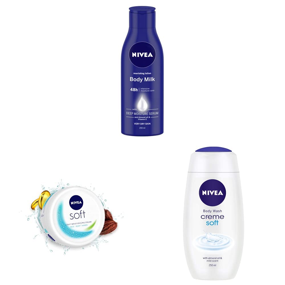NIVEA Body Lotion for Very Dry Skin,200 ml&NIVEA Soft Light Moisturizer Cream 200 ml&NIVEA Shower Gel, Crème Soft Body Wash, Women, 250ml