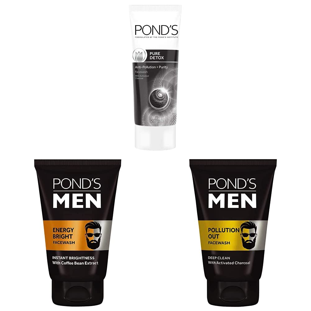 POND's Pure Detox Face Wash 200 g & POND's Men's  Energy Bright Face Wash Coffee Beans Bright Skin, 100g & Pond's  Men Pollution Out Activated Charcoal Deep Clean Facewash, 100 g