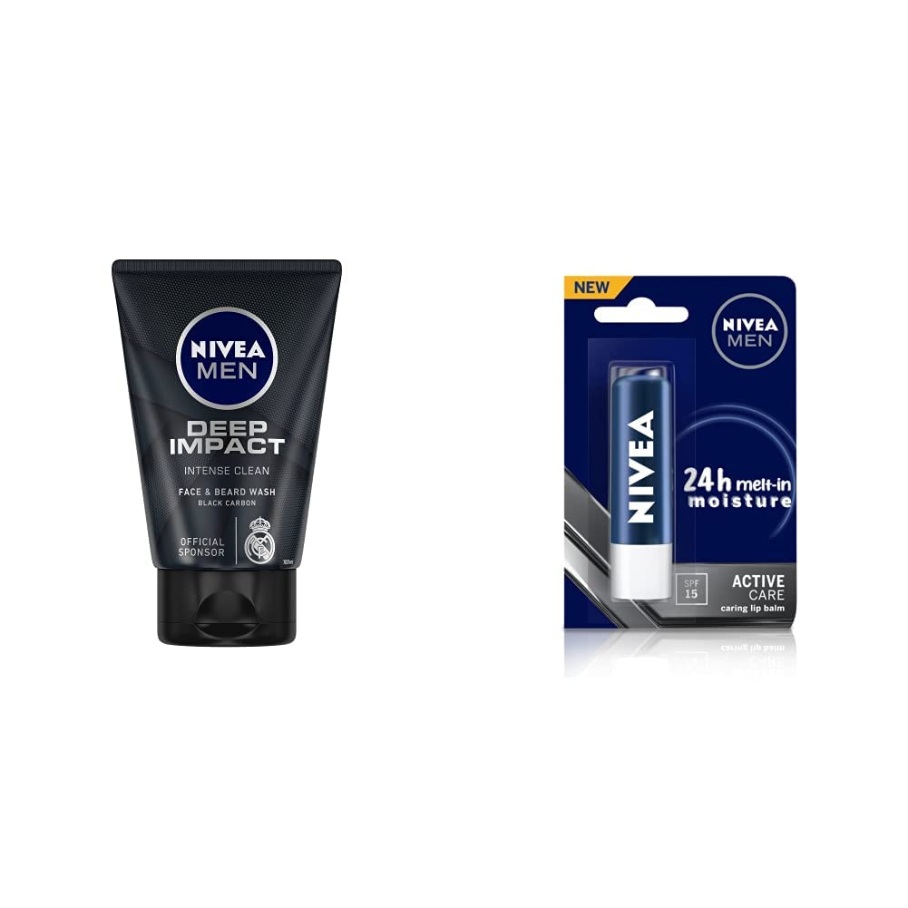NIVEA Men Face Wash, Deep Impact Intense Clean, 100g And NIVEA Men Lip Care, Active Care Lip Balm, SPF 15, 4.8g