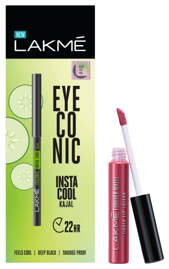 Lakmé Forever Matte Liquid Lip Colour, Pink Punch, 5.6 Ml & Eyeconic Insta Cool Kajal, Black, Cooling Kohl Liner With Cucumber, Twist Up Pencil, Glossy Finish 0.35 G