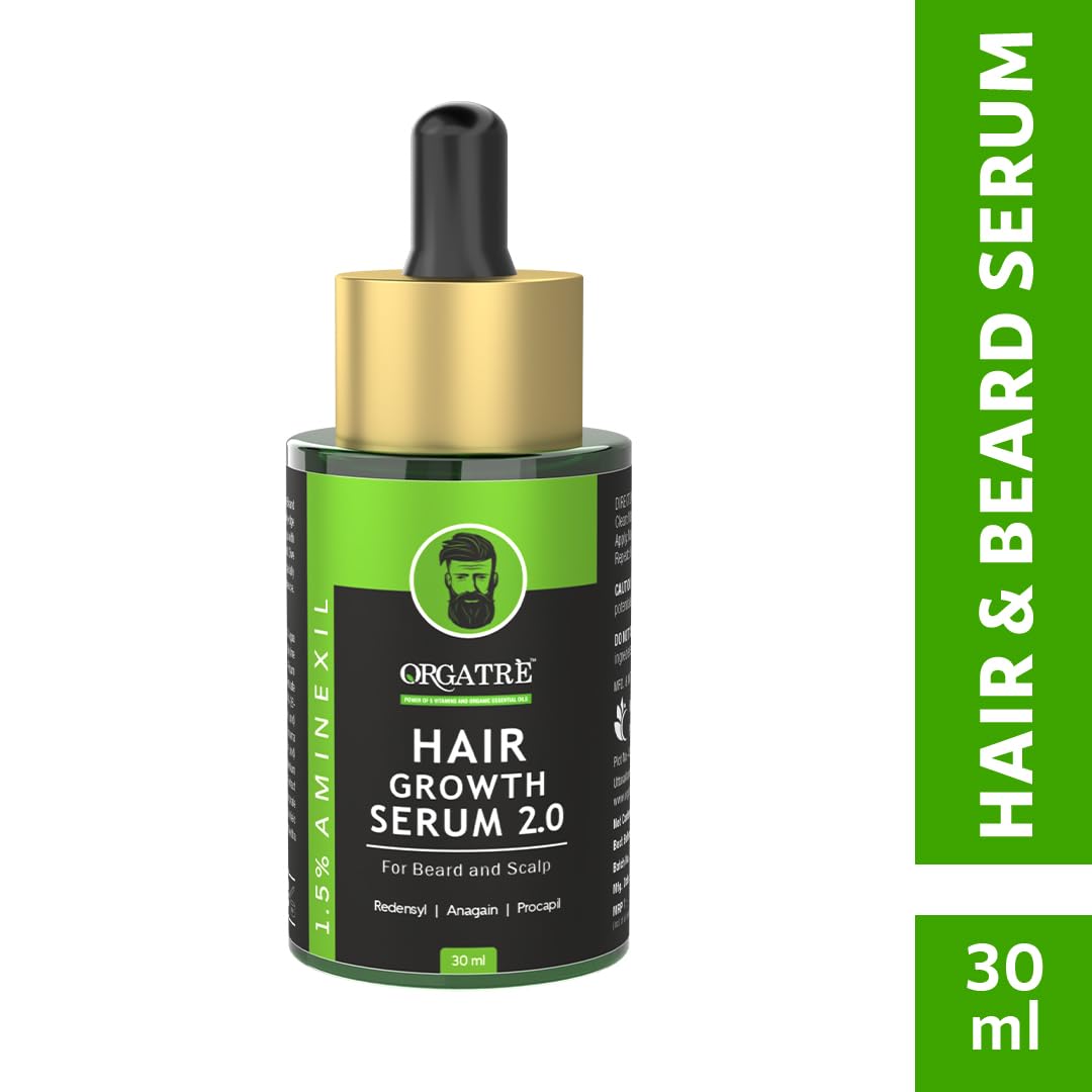 ORGATRE Hair Growth Serum 2.0-30ml | For Beard & Scalp | Reduces Hairfall & Thinning | 1.5% Aminexil, Redensyl, Anagain & Procapil | Hair Growth Serum for Men & Women