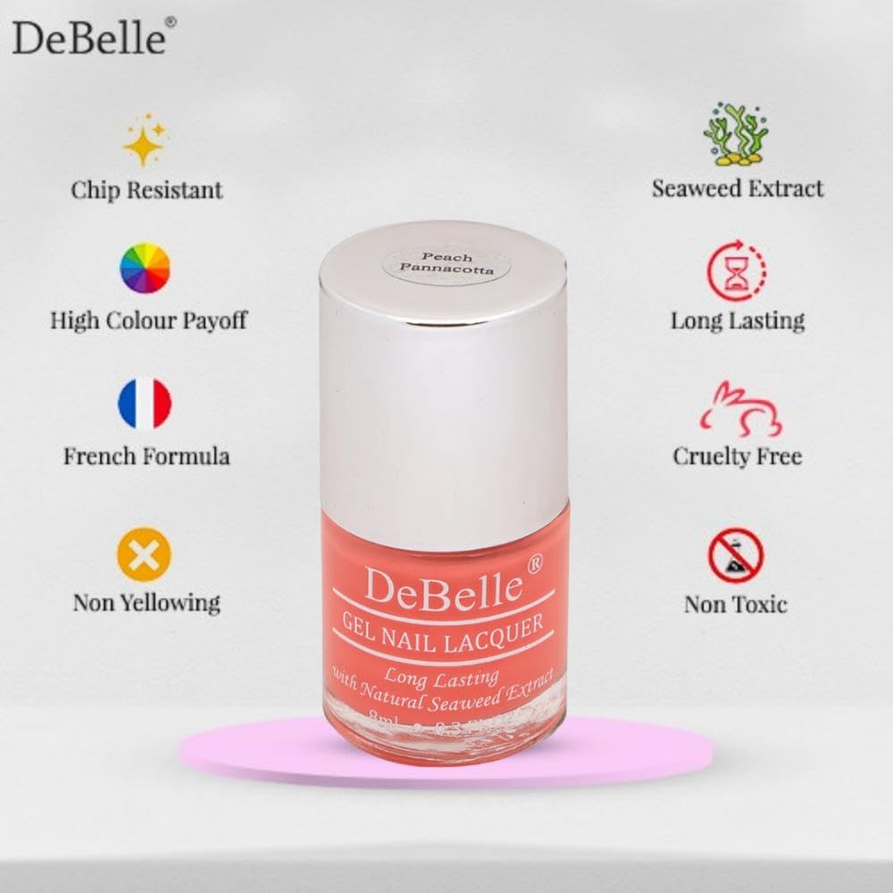 Debelle Gel Nail Polish Peach Pannacotta (Creamy Peach Nail Paint)|Non Uv - Glossy Finish |Chip Resistant | Seaweed Enriched Formula| Long Lasting|Cruelty And Toxic Free| 8Ml