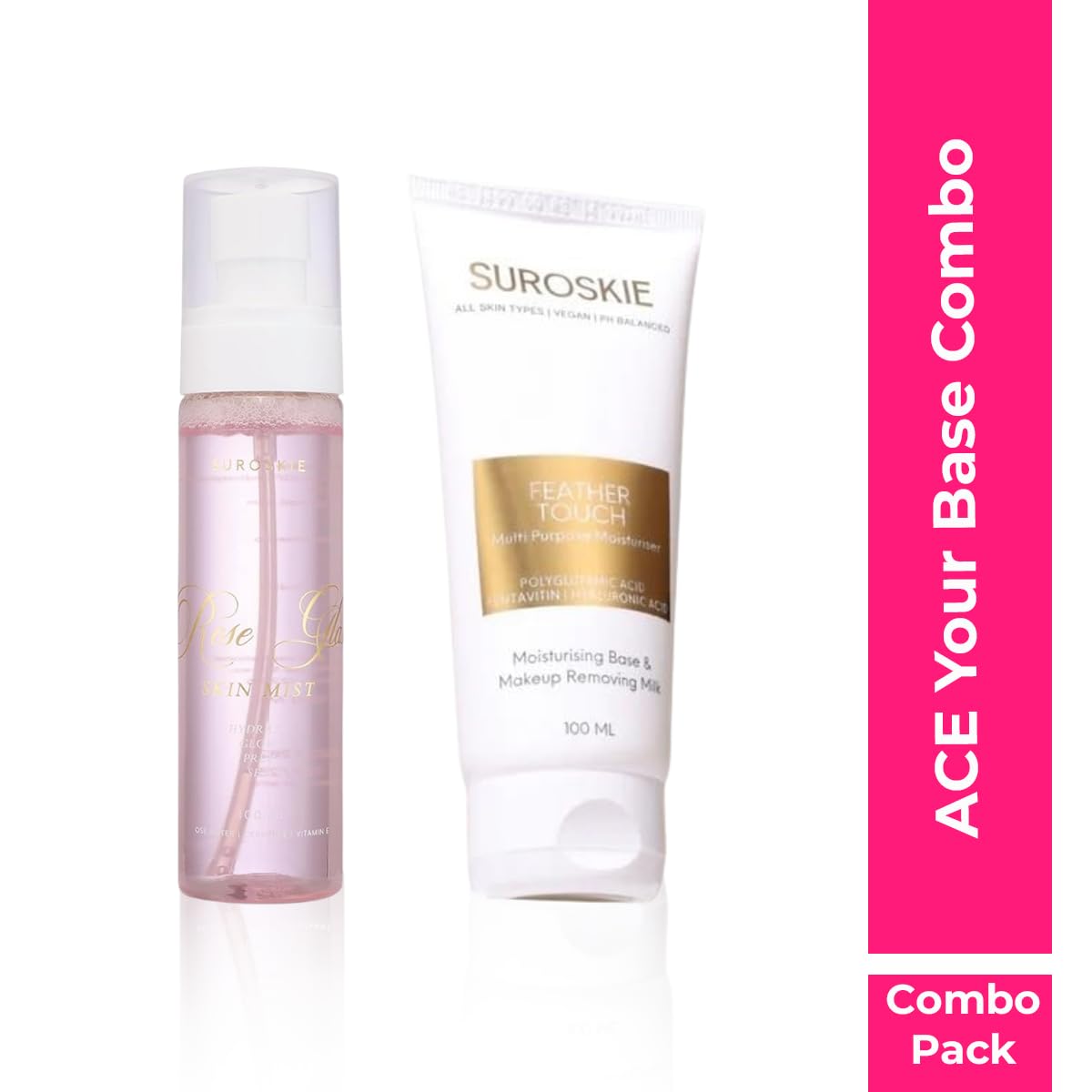 Suroskie Ace Your Base Makeup Combo (Setting Spray & Primer) | Rose Glass Skin Mist & Feather Touch Moisturizer (100Ml Each) | For Glowing Skin | Up To 72 Hrs | All Skin Types | For Men & Women