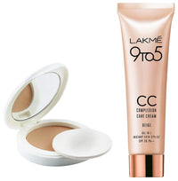 Lakmé Light Coverage Natural Finish Perfect Radiance Skin Lightening Compact PowdeR, 8g & 9 To 5 CC Cream Mini, 01 - Beige, 9g