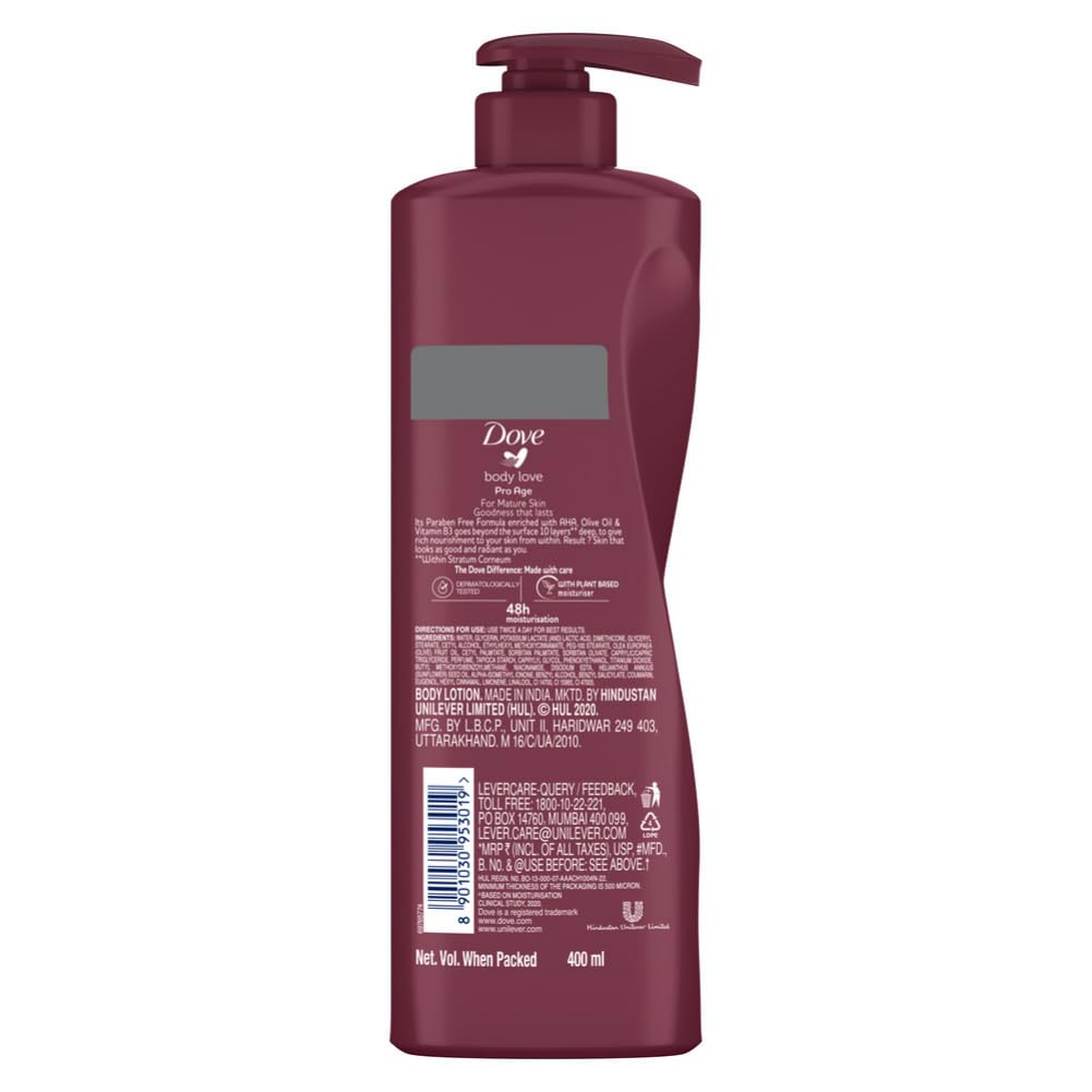 Dove Body Love Pro Age Body Lotion for Mature Skin 48hrs Moisturisation|| Paraben Free|| With Vitamin B3 & Olive Oil|| For Nourished Radiant Skin 400 ml