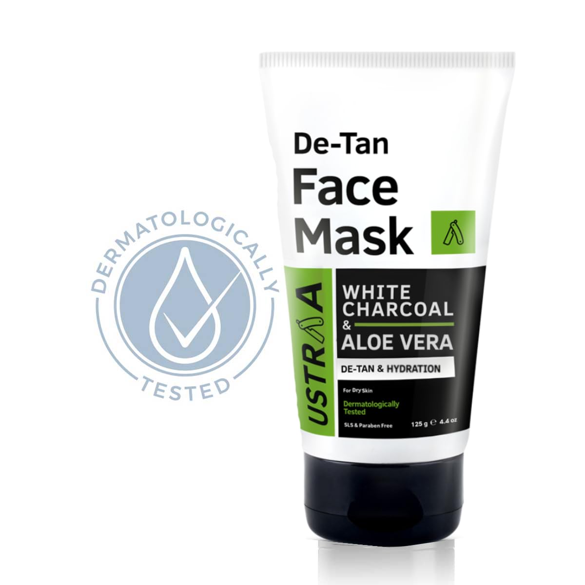 Ustraa De-Tan Face Mask - Dry Skin - 125 gm - Wash-off mask | Effective Tan Removal with White Charcoal | Removes Dead Skin & Pollutant | Anti-inflammatory properties of Aloe Vera