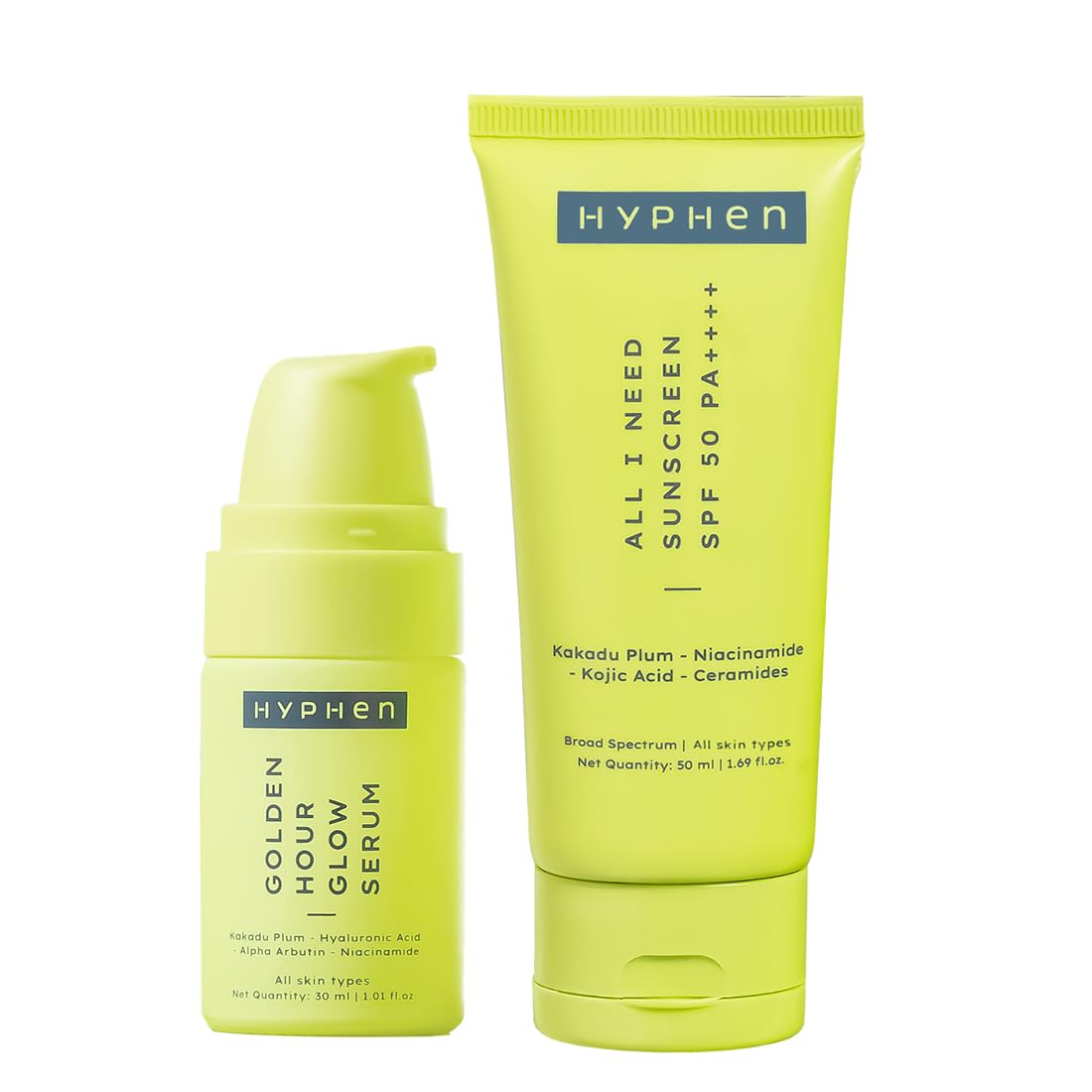Hyphen Daily Day-Care Routine with Face Serum & Moisturizing Sunscreen SPF 50 | Glow & Protect Skincare Essentials for All Skin Types | Rich in Niacinamide, Hyaluronic Acid & Kakadu Plum | Pack of 2