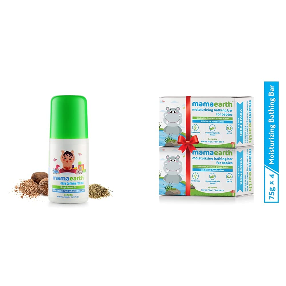 Mamaearth Easy Tummy Roll On for Colic & Gas Relief with Hing & Fennel Oil 40ml (for External use) & Mamaearth Moisturizing Bathing Soap Bar for Babies - Pack of 4