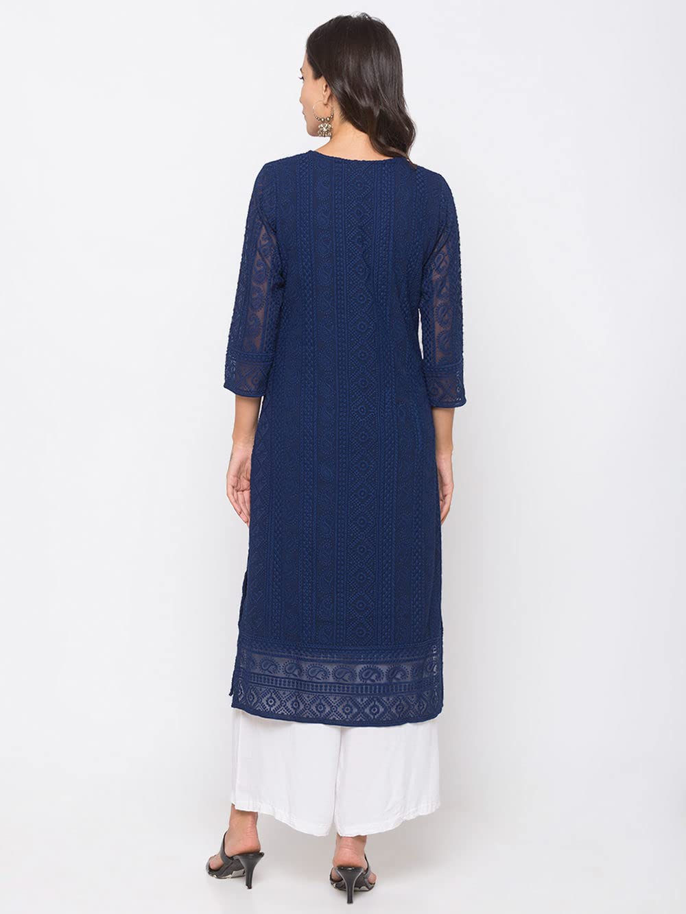 ZOLA Exclusive Georgette Round Neck with 3/4Th Sleeves and Calf Length Luckhnowi Chikan Kari Kurta with Button Placket On Yolk Ethnic Wear Straight Kurta for Women