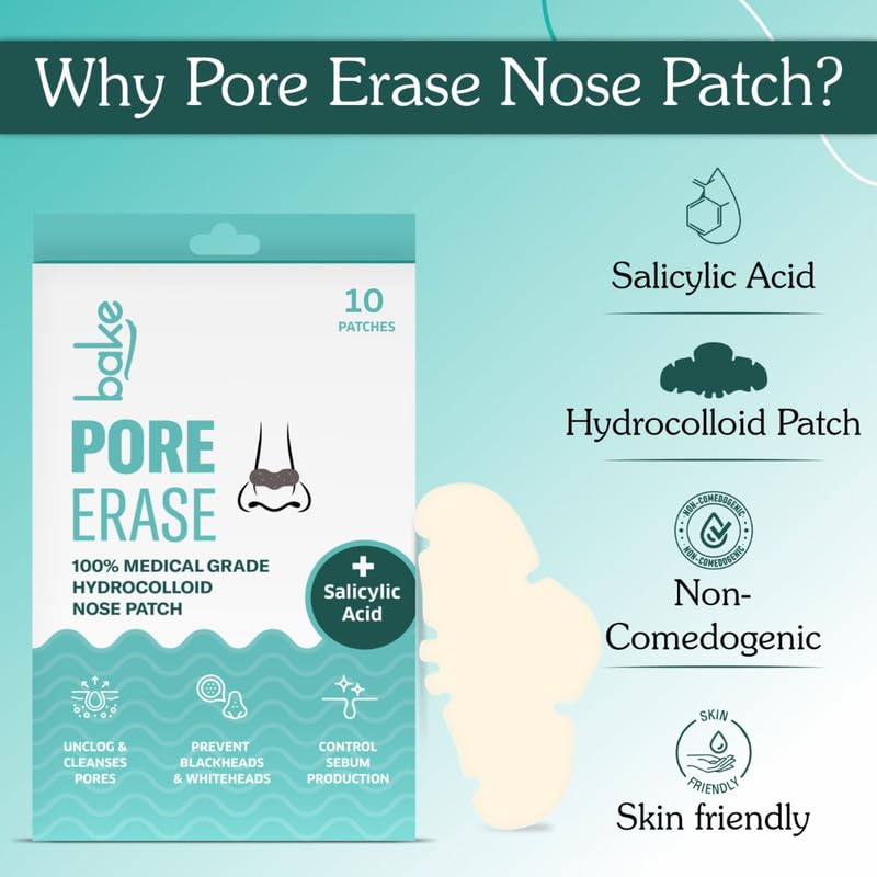 BAKE 2% Salicylic Acid Nose Strips for Pore Cleansing & Blackheads Removal | Hydrocolloid Nose Strips for Control Sebum Production (10 Strips)