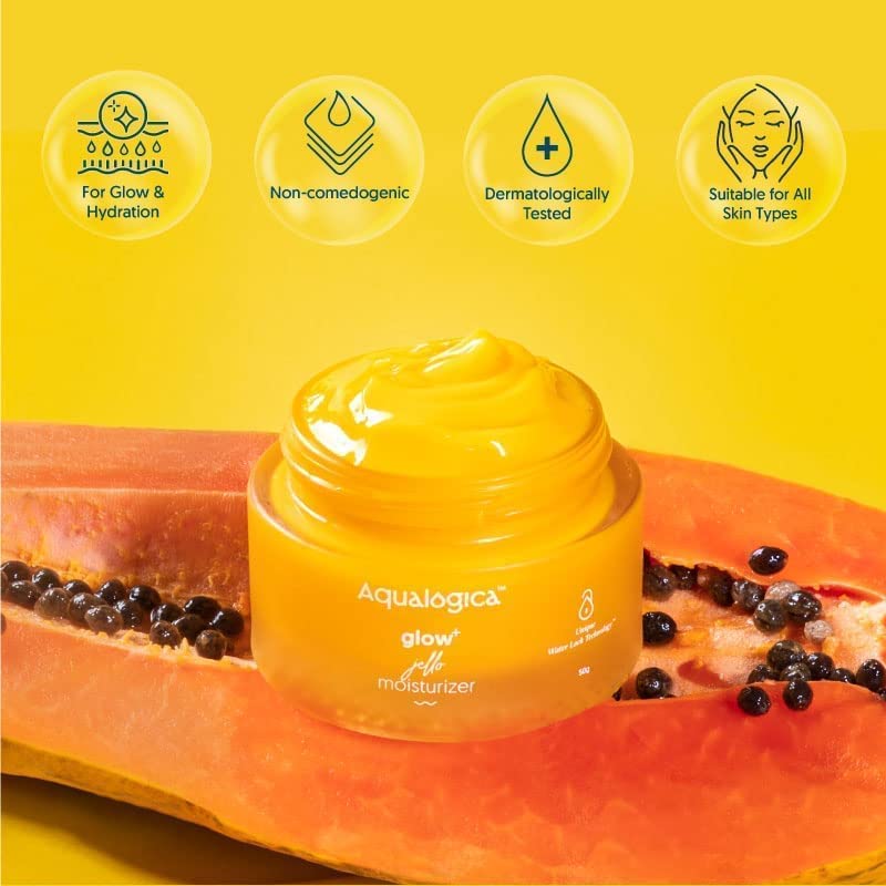 Aqualogica Glow+ Jello Moisturiser with Vitamin C & Papaya for Illuminating Moisturization, Non Sticky & Skin Hydration for Men & Women - For Normal, Dry & Combination Skin -50g
