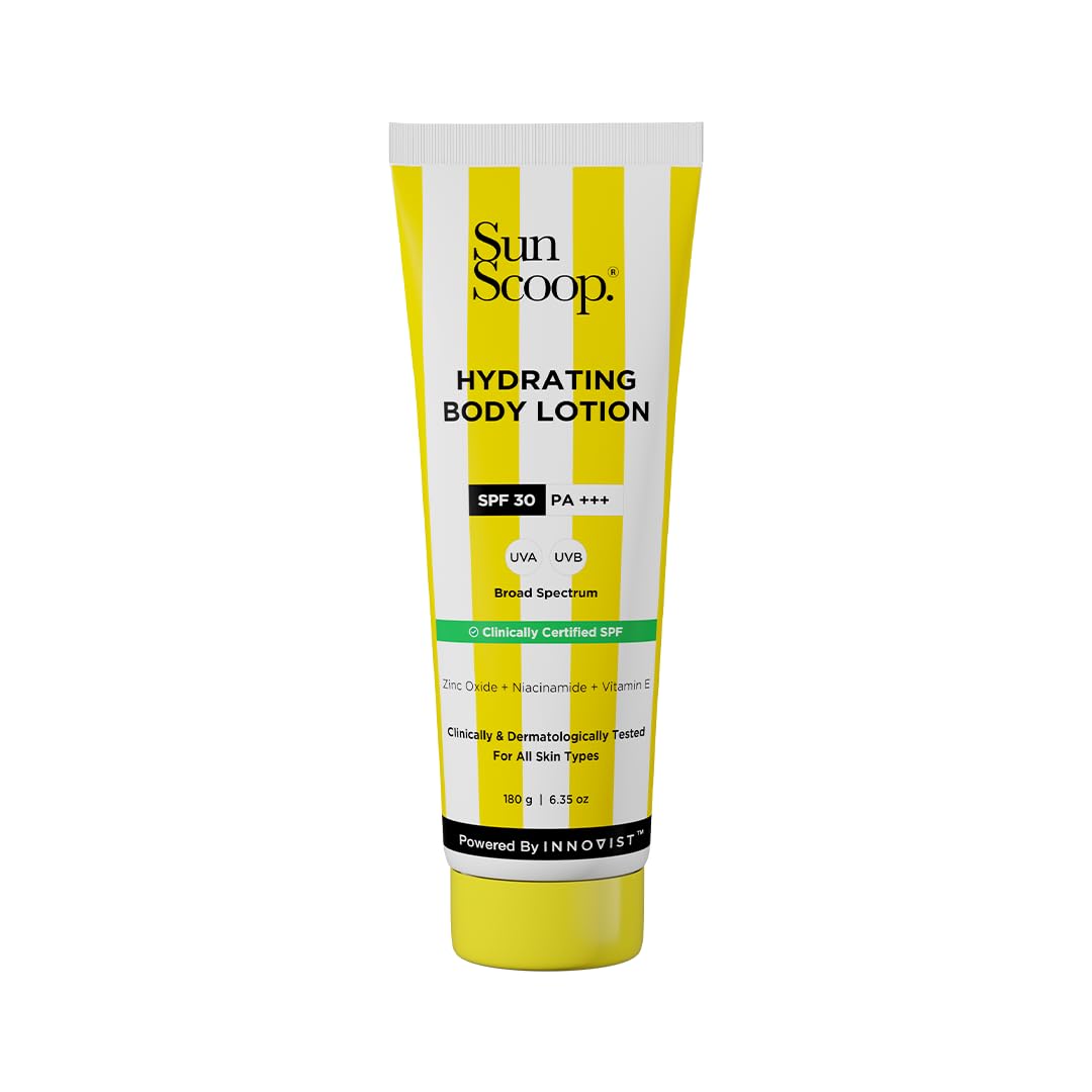Sunscoop Hydrating Body Lotion SPF 30 PA+++ | UVA & UVB Protection | Moisturization | Niacinamide for even skin tone | Vitamin E for nourishment | Suits All Skin Types | 180gms