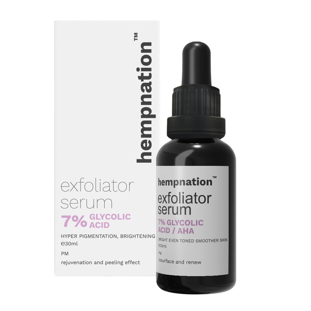 Hempnation 7% Glycolic Acid Exfoliating Serum – Brightens Skin, Reduces Dark Spots & Wrinkles, Smooths Texture – 30ml