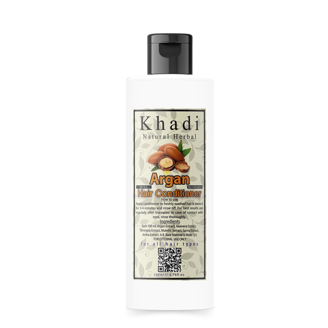 Khadi Natural Herbal Argan Conditioner For Dry & Frizzy Hair With Argan Oil Extract Make Hair Stronger And Silkier | Parben And Sls Free Argan Conditioner 200 Ml Pack For Women And Men, 1 Count