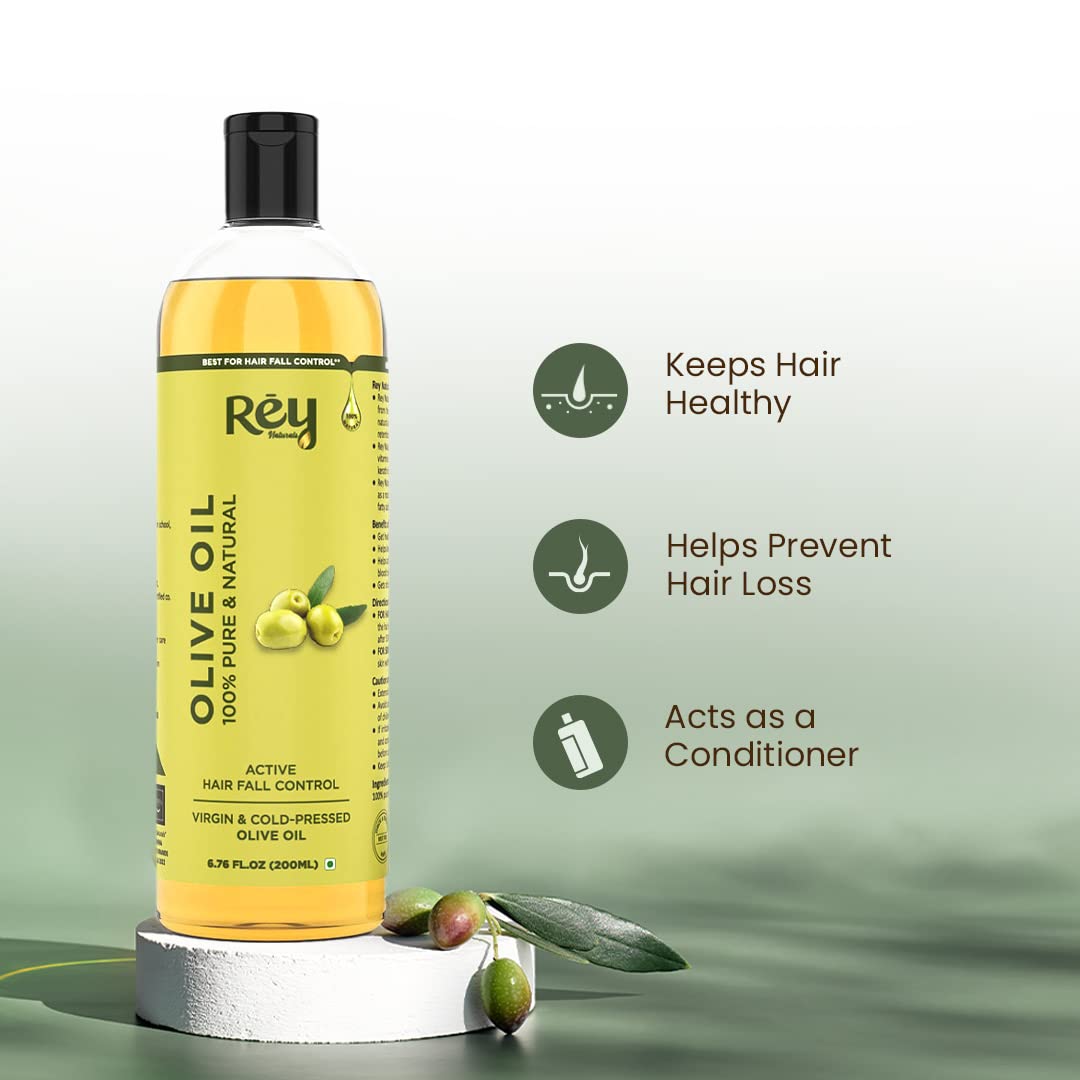 Rey Naturals Extra Virgin Olive Oil For Hair | Pure Olive Oil for Skin | Deeply Moisturizes, Repairs And Strengthens | olive oil for baby massage | Good Hair Texture | Adds Shine - 200ml