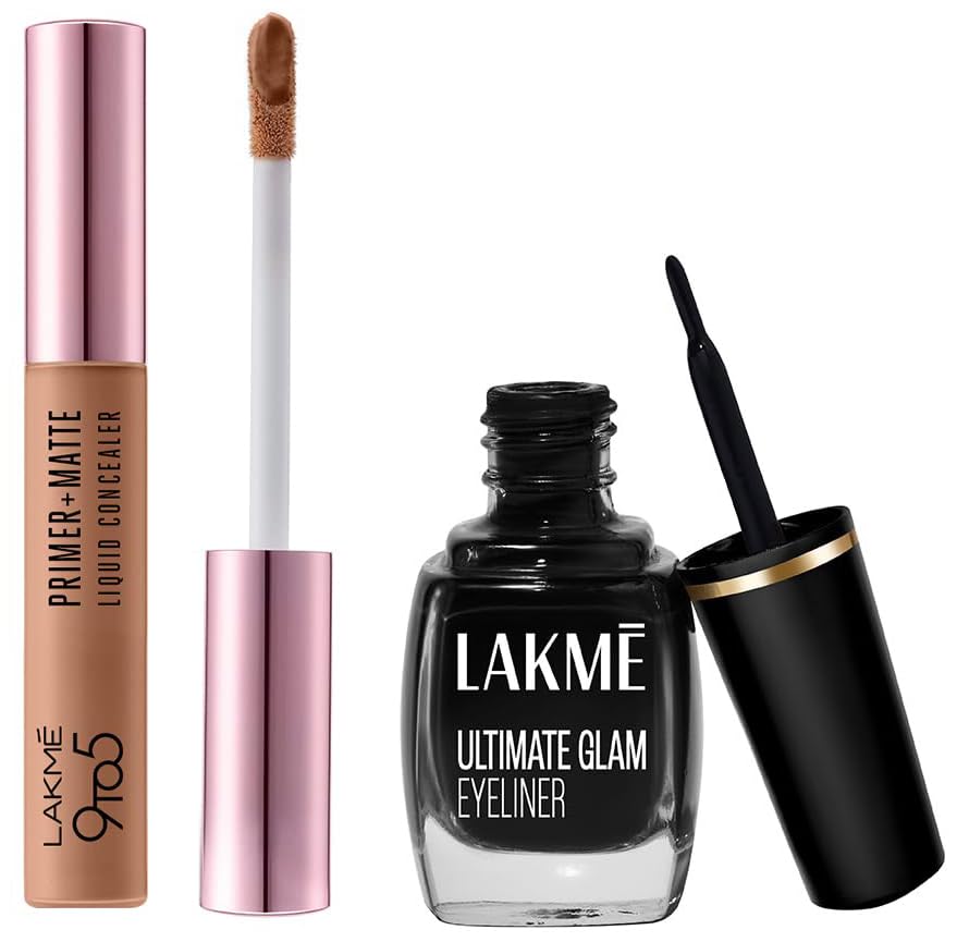 Lakmé 9to5 Primer+Matte Liquid Concealer 34 Almond & Lakmé Insta Eye Liner 9ml Combo