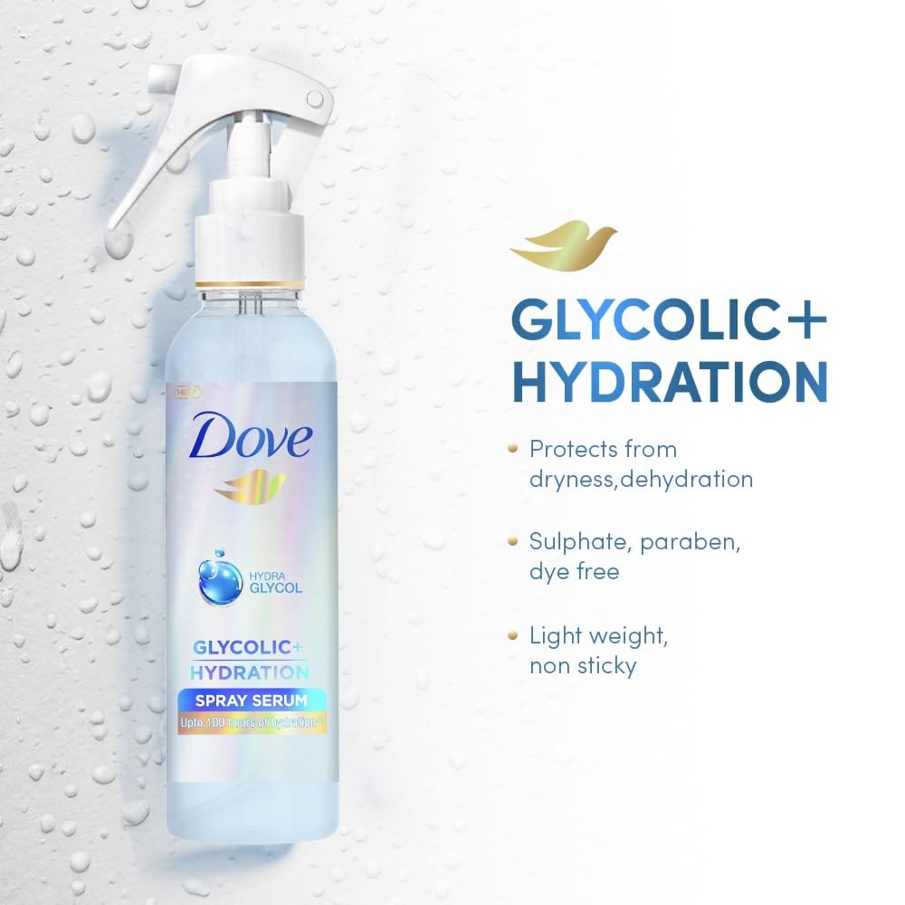 Dove Glycolic + Hydration Serum Spray 110 ml with Hydra-Glycol for Upto 100 hours of hydrated, fluid hair.