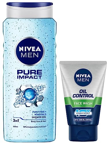 NIVEA Men Pure Impact Shower Gel, 500ml, Hair, Face & Body Wash And NIVEA Men Face Wash, Oil Control, 10x Vitamin C, 100g