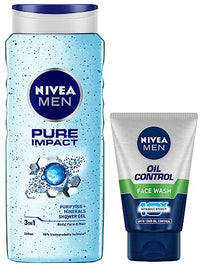 NIVEA Men Pure Impact Shower Gel, 500ml, Hair, Face & Body Wash And NIVEA Men Face Wash, Oil Control, 10x Vitamin C, 100g
