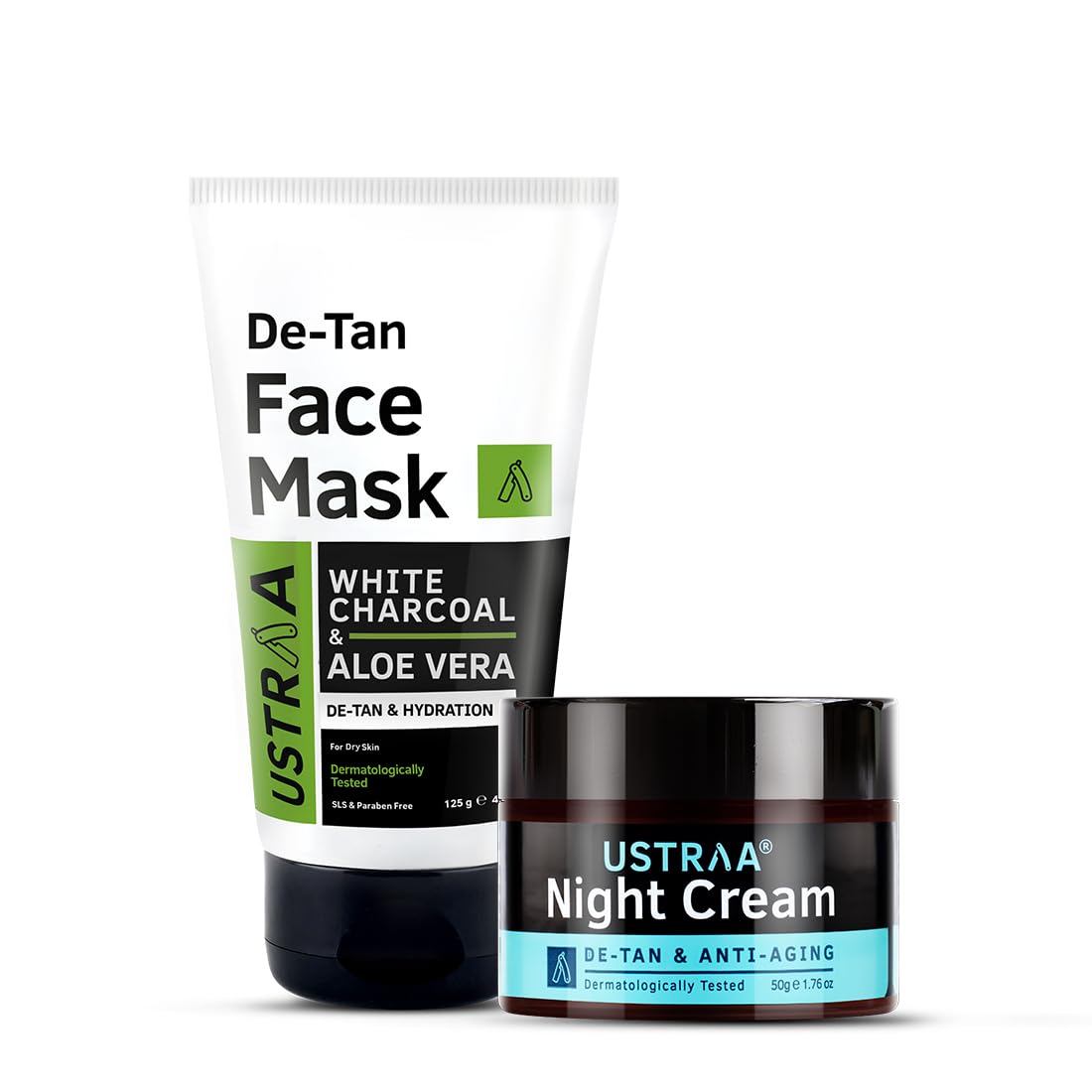 Ustraa De-Tan Face Mask - Dry Skin - 125 gm - Wash-off mask | with White Charcoal | Helps Remove Tan & Pollutants & Night Cream - De-Tan & Anti-Aging Cream for Men - 50g | for Effective Tan Removal