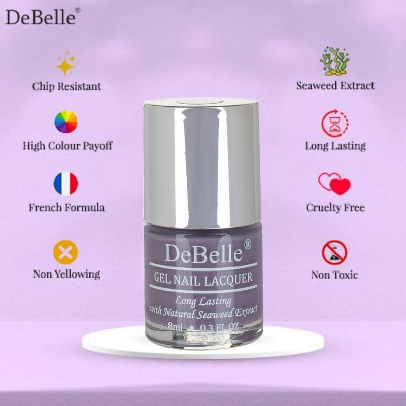 DeBelle Gel Nail Polish Viola Dew (Dark Lilac Nail Paint)|Non UV - Gel Finish |Chip Resistant | Seaweed Enriched Formula| Long Lasting|Cruelty and Toxic Free| 8ml