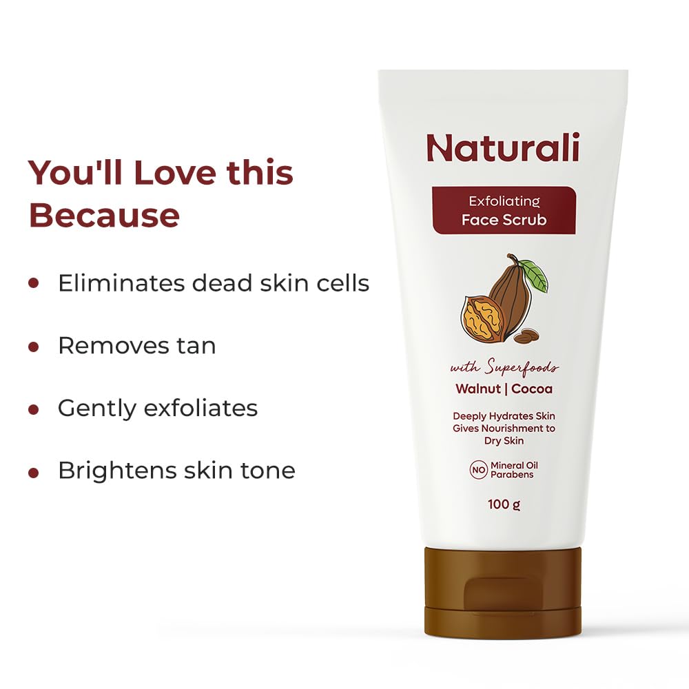 Naturali Exfoliating Face Scrub With Walnut & Cocoa | Deeply Hydrates Skin | Nourishes Dry Skin | Paraben & Mineral Oil Free | 100g