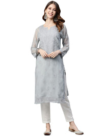 Ada Lucknowi Hand Embroidered Chikankari Women's  Georgette Kurta Kurti with Slip