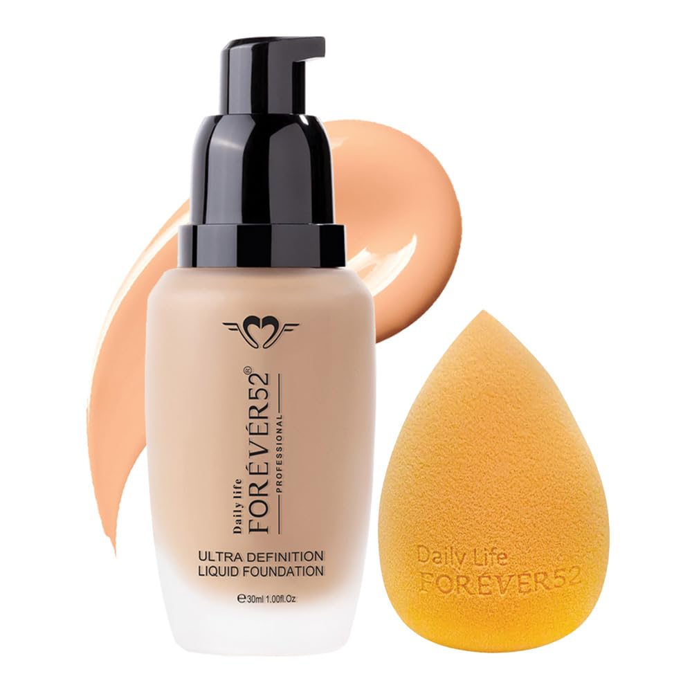 Daily Life Forever52 Ultra Definition Liquid Foundation + Skin-Like Blend Sponge Combo | 24H High Coverage Satin Finish + Seamless Blending Tool | Lightweight, Long-Wear & Ideal for Indian Skin Tones (Medium__Honey-14& Makeup Sponge)