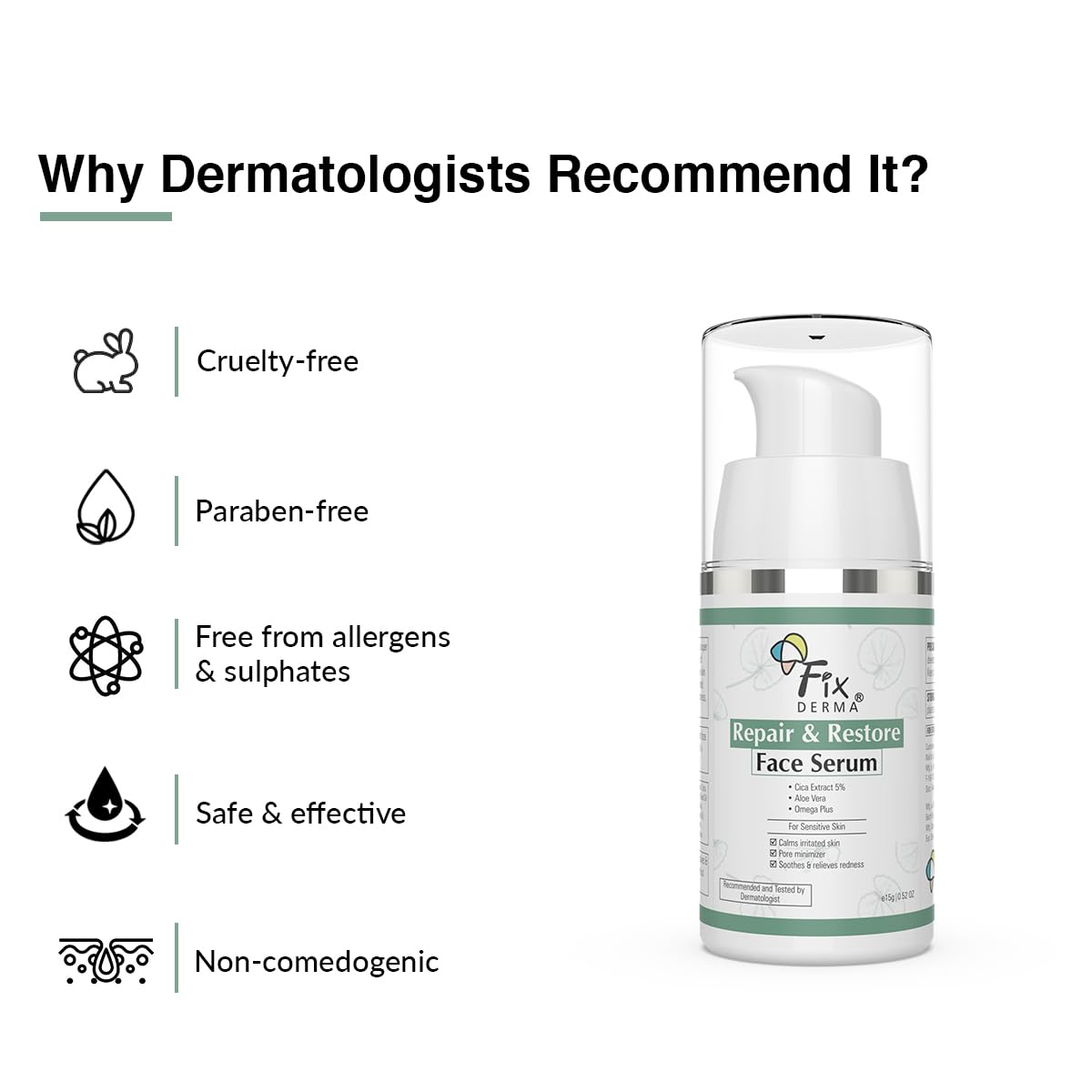 Fixderma 5% Cica Extract Repair & Restore Face Serum for Sensitive Skin with Aloevera | Barrier Repair Serum with Cica & Omega Plus for Men & Women - 15g