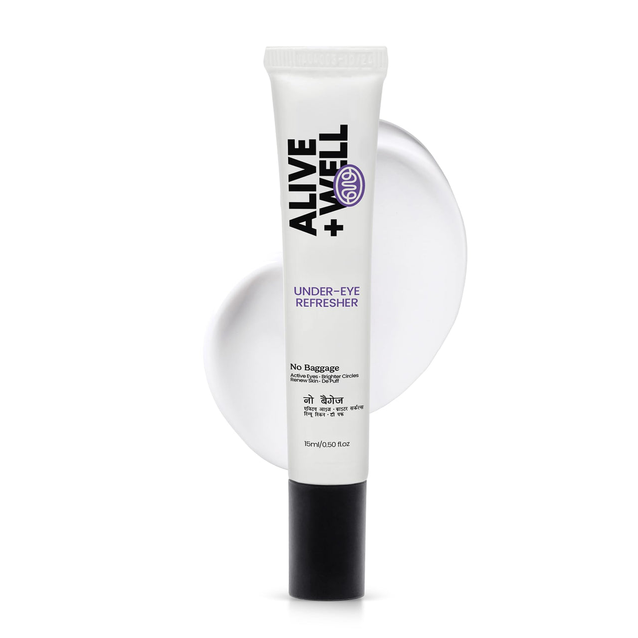 Alive + Well No Baggage Under Eye Cream Gel, with Caffiene and Tripeptides, Crafted By Dermatologists for Dark Circle Removal, Puffiness & Crows Feet with Built-in Cooling Massage Applicator - 15ml