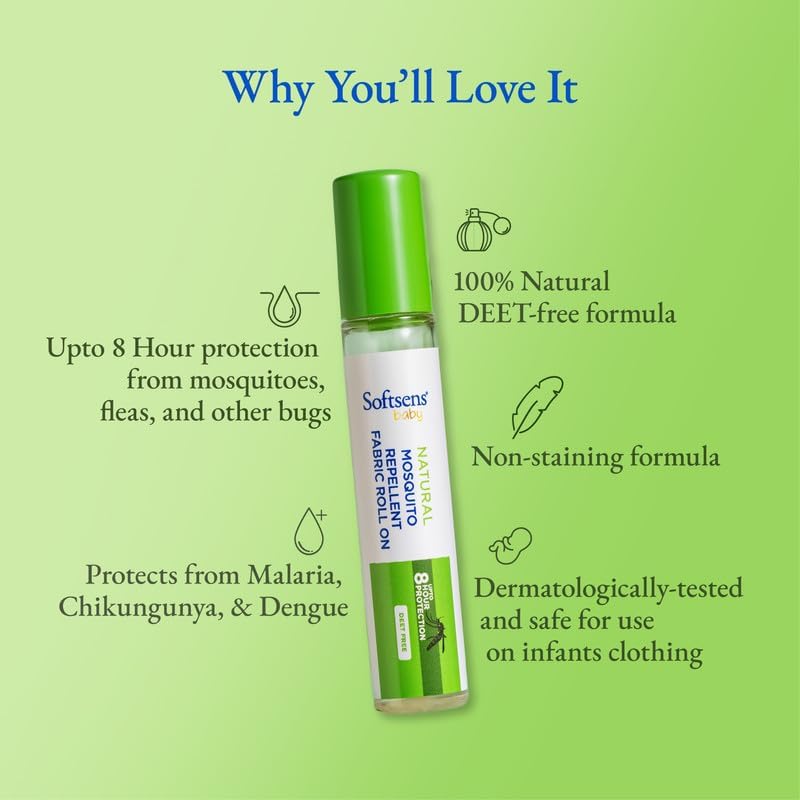 Softsens Baby Natural Mosquito Repellent Combo, 8 Hour Protection, DEET-Free, Spray 100ml, Fabric Roll-On - 8ml and After Bite Recovery 40ml