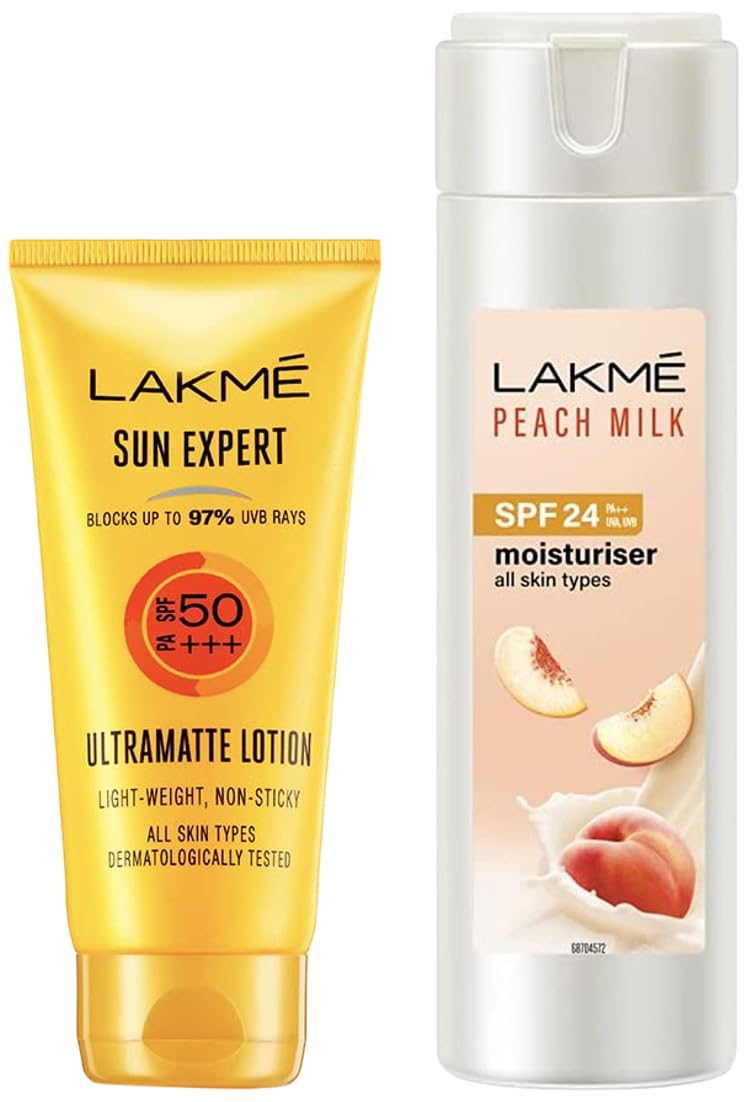 Lakmé Sun Expert SPF 50 PA Fairness UV Sunscreen Lotion, 100ml And Lakmé Peach Milk SPF 24 PA Sunscreen Moisturiser, 200 ml