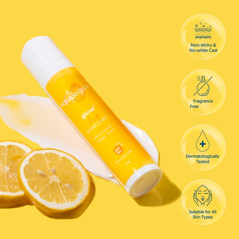 Aqualogica Glow+ Dewy Sunscreen SPF 50 PA++++ with Papaya & Vitamin C | For Dry, Sensitive, Oily & Combination Skin | UVA/B & Blue Light Protection | Fragrance-Free | For Men & Women | 50g