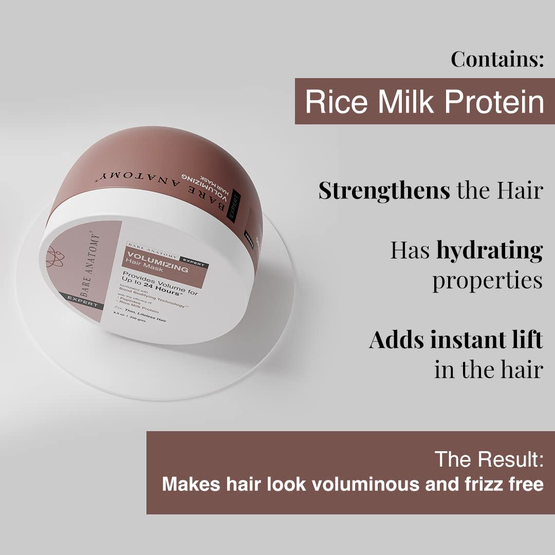 Bare Anatomy Volumizing Hair Mask | Volume For Upto 24 hrs | Powered By Peptides & Rich Milk Protein | For Dense & Conditioned Hair | For Dry & Frizzy Hair | Sulphate & Paraben Free |Women & Men-250gm