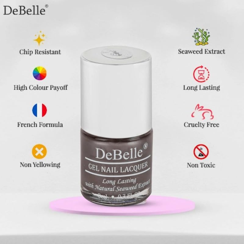 DeBelle Gel Nail Polish Polaris (Dark Metallic Grey Nail Paint)|Non UV - Gel Finish |Chip Resistant | Seaweed Enriched Formula| Long Lasting|Cruelty and Toxic Free| 8ml