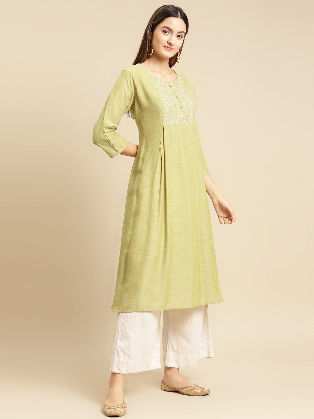 rangita Women Mint Green Yoke Zari Embroidered Calf Length A-Line Kurti